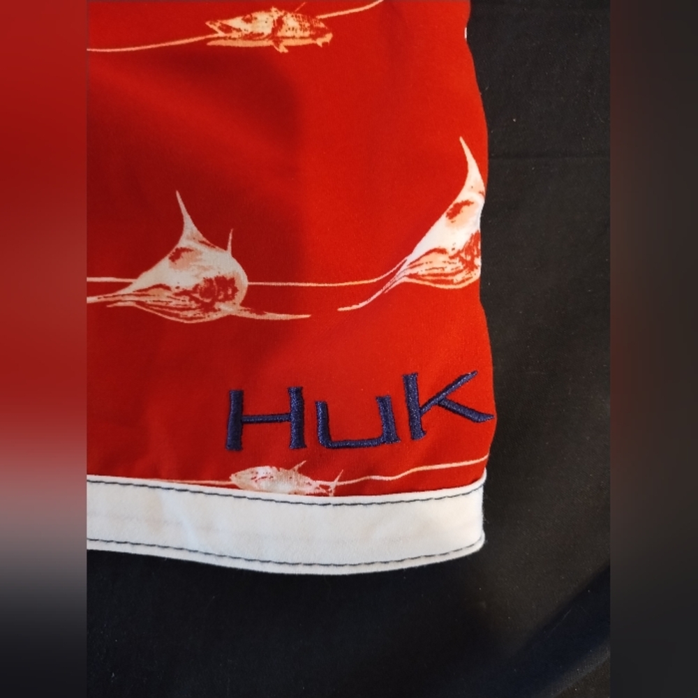 Huk Red White And Blue Swim Shorts Fishing Tie and Velcro Closure Size 34 - Picture 4 of 6